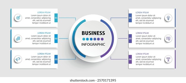 Business infographic vector design template with 6 options, steps or processes. Can be used for workflow layout, diagram, annual report, web design	
