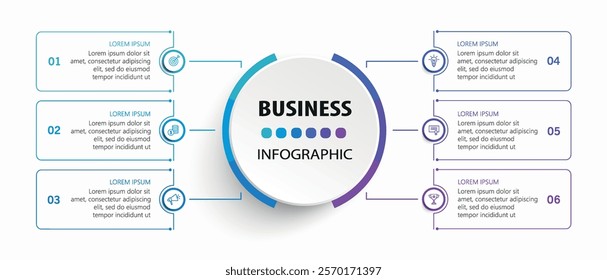 Business infographic vector design template with 6 options, steps or processes. Can be used for workflow layout, diagram, annual report, web design	
