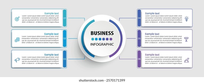 Business infographic vector design template with 6 options, steps or processes. Can be used for workflow layout, diagram, annual report, web design	
