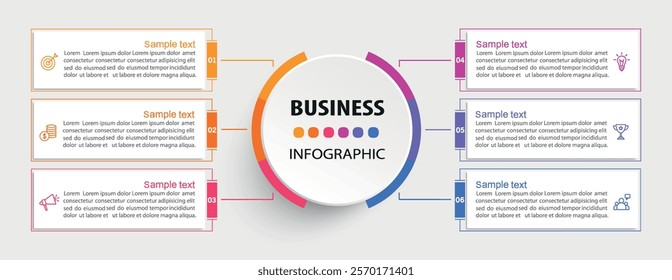 Business infographic vector design template with 6 options, steps or processes. Can be used for workflow layout, diagram, annual report, web design	
