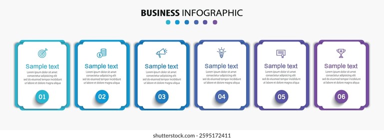 Business infographic vector design template with 6 options, steps or processes. Can be used for workflow layout, diagram, annual report, web design	