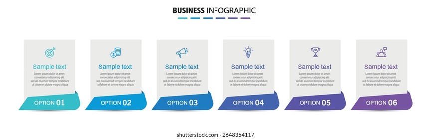 Business infographic vector design template with 6 options, steps or processes. Can be used for workflow layout, diagram, annual report, web design