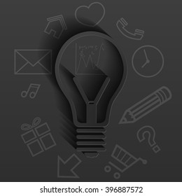 Business infographic. Vector start up business concept - infographics. Lightbulb  to business-ideas with icons. Icons pencil, message, clock, phone, heart, graphic, gift, note, music, house, basket.