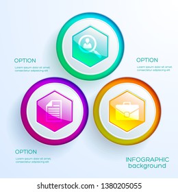 Business infographic web chart template with three colorful glossy hexagonal buttons and icons isolated vector illustration