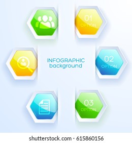 Business infographic white paper background with five colored hexagon stickers for web design flat vector illustration