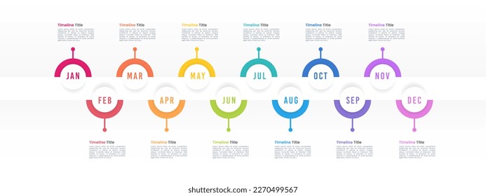 Business infographics with 12-month semicircles colorful on timeline diagrams on white color background.