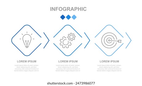 Business infographics. Infographics with 3 steps or options. A thin linear infographic with a diamond-shaped template for a presentation or website. Timeline of processes