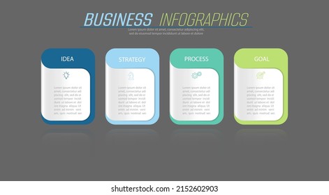 Business infographics. 4 stages of achieving the goal. Stages of the workflow, development, marketing, plan or training. Business strategy with icon icons. Report or statistics schema.