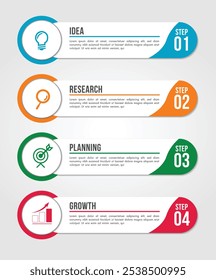 Business infographics 4 steps options design template.Data and information visualization.Dynamic colorful elements stylish geometric.