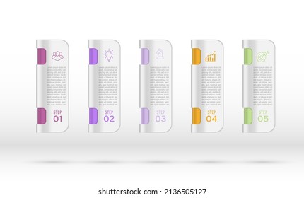 Business infographics. 5 stages of achieving the goal. Stages of the workflow, development, marketing, plan or training. Business strategy with icon icons. Report or statistics schema.
