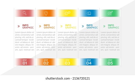 Business infographics. 5 stages of achieving the goal. Stages of the workflow, development, marketing, plan or training. Business strategy with icon icons. Report or statistics schema.