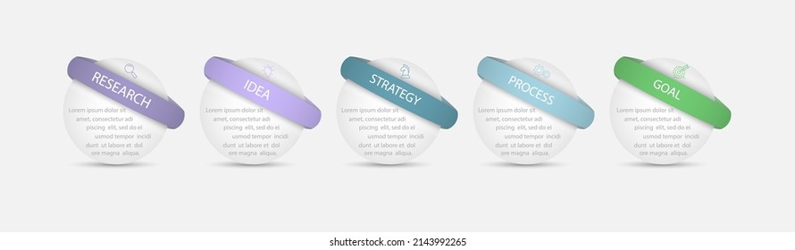 Business infographics. 5 stages of achieving the goal. Stages of the workflow, development, marketing, plan or training. Business strategy with icon icons. Report or statistics schema
