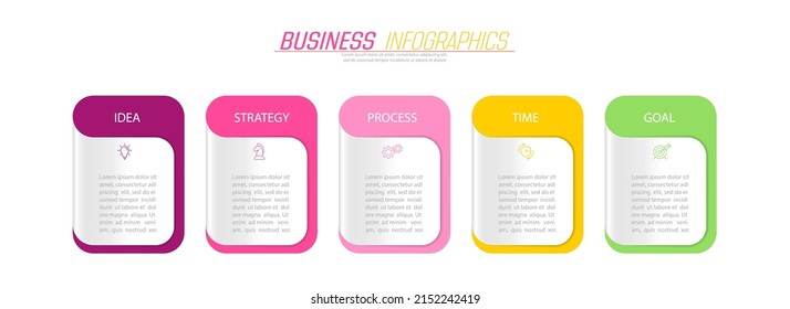 Business infographics. 5 stages of achieving the goal. Stages of the workflow, development, marketing, plan or training. Business strategy with icon icons. Report or statistics schema.
