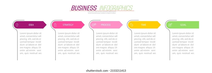 Geschäftsinformationen. 5 Etappen zur Erreichung des Ziels. Stufen des Arbeitsablaufs, der Entwicklung, des Marketing, des Plans oder der Ausbildung. Geschäftsstrategie mit Symbolsymbolen. Schema für Berichte oder Statistiken.