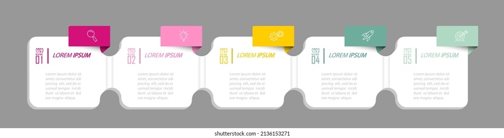 Business Infographics. 5 steps to achieve the result. Stages of development, workflow, marketing or plan. Business strategy with icons. Diagram of the report, statistics and training.