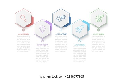 Infografiken für Unternehmen. 5 Schritte, um das Ergebnis zu erreichen. Entwicklungs-, Workflow-, Marketing- oder Planstufen. Geschäftsstrategie mit Symbolen. Abbildung des Berichts, Statistik und Schulung.