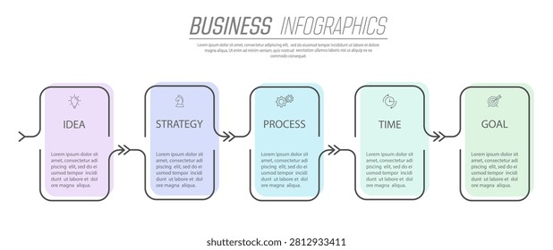 Business Infographics. 5 steps to achieve the result. Stages of development, workflow, marketing or plan. Business strategy with icons. Diagram of the report, statistics and training.
