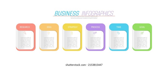 Business infographics. 6 stages of achieving the goal. Stages of the workflow, development, marketing, plan or training. Business strategy with icon icons. Report or statistics schema.