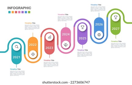 Business infographics with 7 options colorful on timeline diagrams on white background.