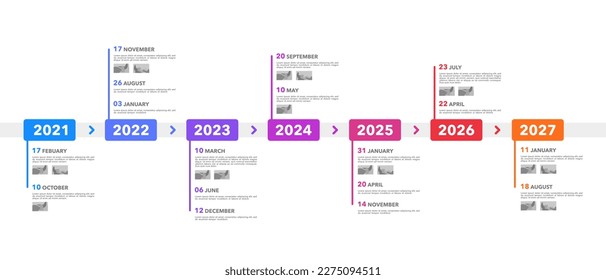 Business-Infografiken 7 Jahre über Zeitstrahl-Diagramme. Meilenstein, Jahrestag, Bericht, Unternehmen und Daten. Vektorgrafik.