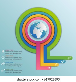 Business infographics abstract circle diagram located around globe for workflow, global business processes, presentations, banners, number options, and web design. Vector illustration.