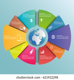Business infographics abstract circle diagram located around globe for workflow, global business processes, presentations, banners, number options, and web design. Vector illustration.