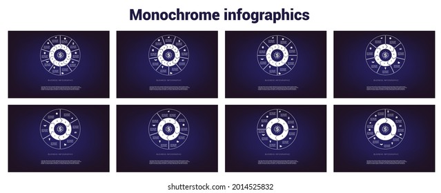  Business infographics. Area chart,ring chart, pie chart.  monochrome templates 3, 4, 5, 6, 7, 8, 9, 10 positions for text area, possible to use for workflow, banner, diagram, web design, timeline