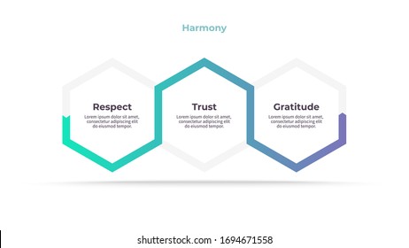 Business infographics. Chart with 3 steps, labels, options, hexagons. Vector infographic element