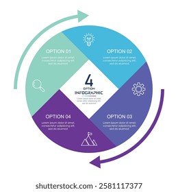 Business infographics. Chart with 4 steps, labels, options, circles. Vector infographic elements, circle chart infographic template