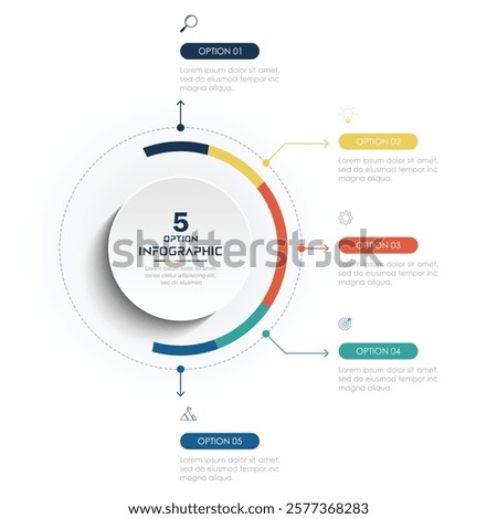 Business infographics. Chart with 5 steps, labels, options, circles. Vector infographic elements, circle chart