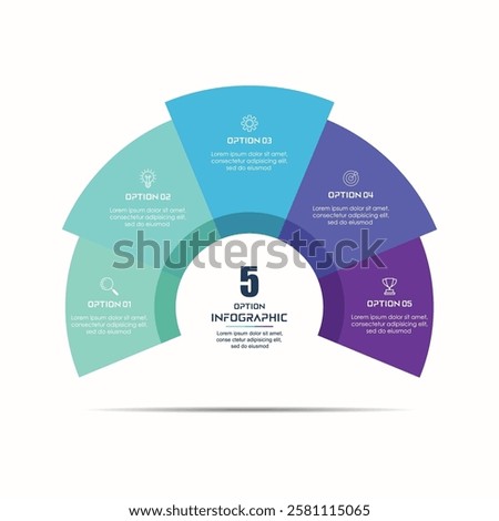 Business infographics. Chart with 5 steps, labels, options, circles. Vector infographic elements, circle chart infographic template