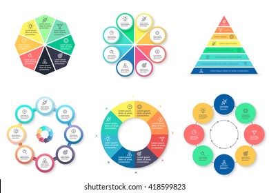 Business infographics. Charts, diagrams with 8 steps, options, parts, processes. Vector design templates.