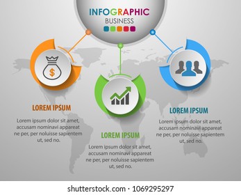 Business infographics circle with 3 step and business icons and world map in background,Abstract elements of diagram.Creative concept for infographic.Vector illustration.