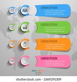 Business infographics circle with 4 step and business icons and world map in background,Abstract elements of diagram.Creative concept for infographic.Vector illustration.