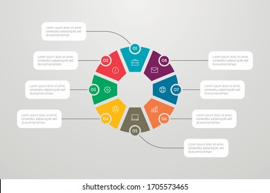 Business infographics circle style with 8 options, steps or processes. Circular or cycle infographics. Can be used for workflow layout, banner, diagram, web design, education.