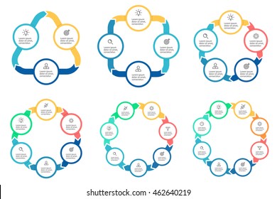 Business infographics. Circular charts with 3, 4, 5, 6, 7, 8 steps, arrows. Vector templates.