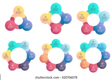 Business infographics. Circular charts, diagrams with 3, 4, 5, 6, 7, 8 steps, options, parts, processes. Vector templates.