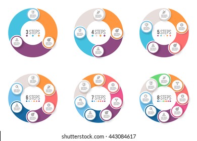 Business infographics. Circular charts, diagrams with 3, 4, 5, 6, 7, 8 steps. Vector templates.