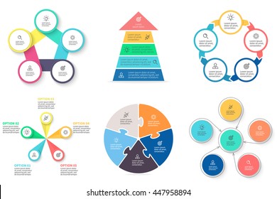 Business infographics. Circular charts, diagrams with 5 steps, options, parts. Vector templates.