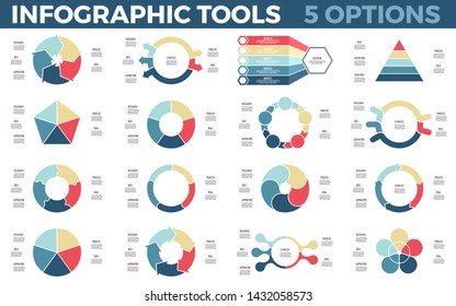 Business infographics. Circular diagrams. Data visualization templates with 5 steps, options, processes. Vector cycle charts.