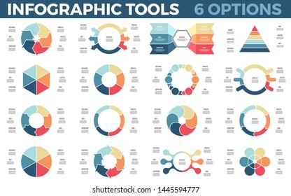 Business infographics. Circular diagrams. Data visualization templates with 6 steps, options, processes. Vector pie charts.