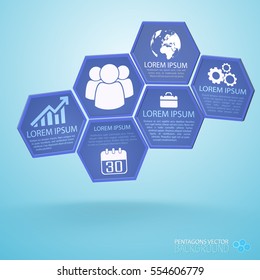 Business infographics with composition from lilac hexagons with icons and text o blue background vector illustration