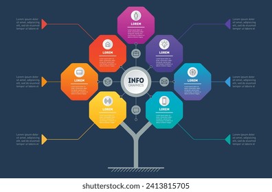 Business infographics concept with 7 active options. Tree. Template of diagram or brochure on dark background. Information chart or infographic of technology or education process with seven steps.