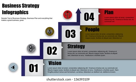 Business Infographics Concept Illustration: Four step business strategy or business plan for success or progress with arrow heading up