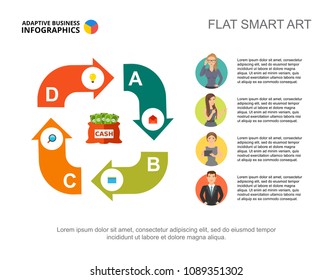 Business infographics with cycle chart and businesspeople icons. Editable presentation slide template, flat smart art. Data for finance, management, startup concept