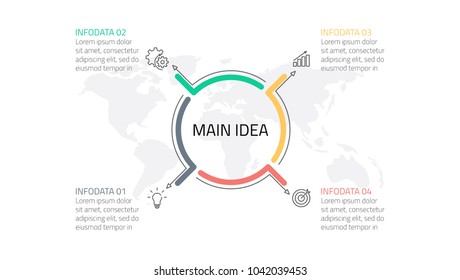 Business infographics. Cycle process chart eith arrow line and world map. Can be used for graph, diagram with  4 steps, options, parts or processes. Vector illustration.