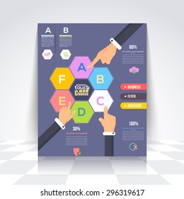 Business Infographics Design Brochure, Cover, Flyer. Flat Style Numbered Banner and Background, Flat Style Hands Illustration