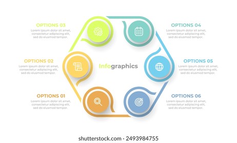 Business infographics design elements with 6 steps, options, circles. Vector illustration. Ideal for corporate reports, workflow diagrams, and data analysis.