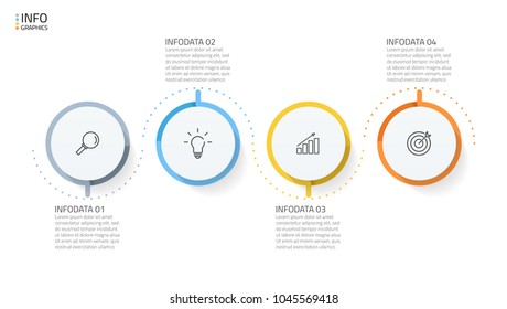 Business infographics design elements. Timeline with 4 circles, steps, points and marketing icons. Vector template for presentation.