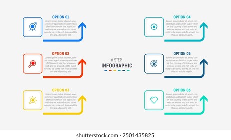 Business  infographics design for Six Step, option, parts or process. Infographic 6 element design template for presentation.  process diagram, step banner, flow chart, 6 option template.